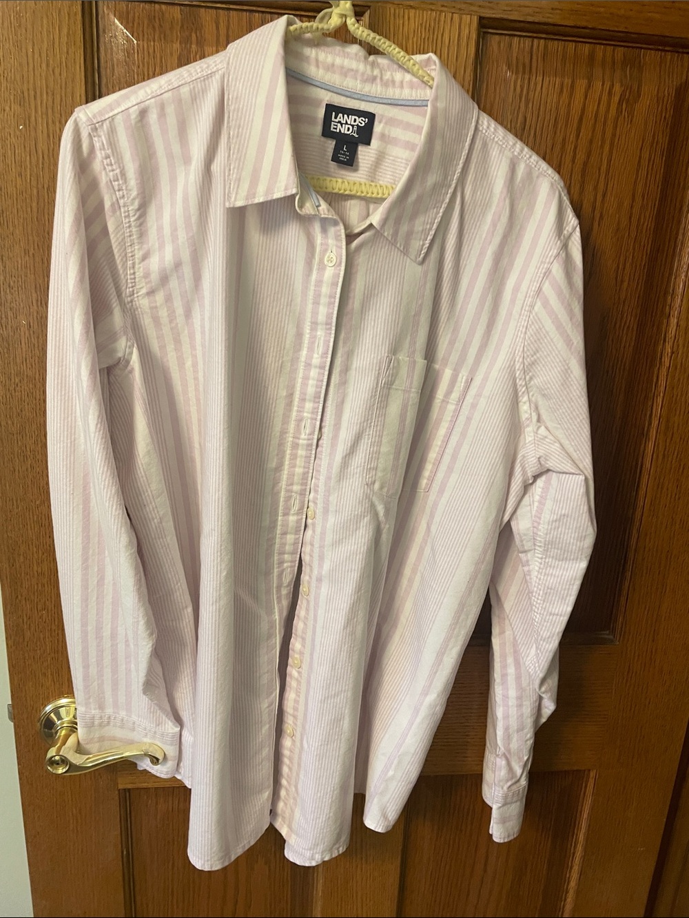 Lands' End Women's Pink and White Striped Button-Up Shirt